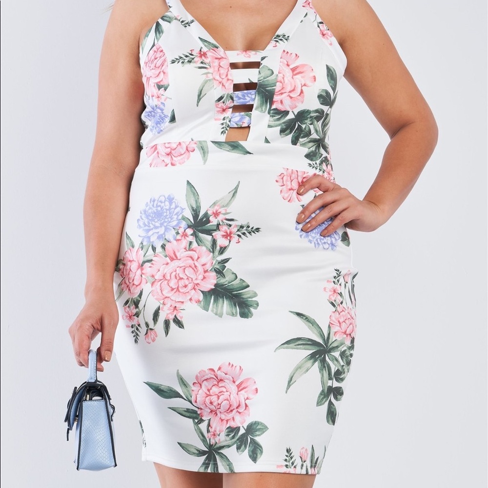 Off-White Floral V-neck Strap Front Bodycon Dress